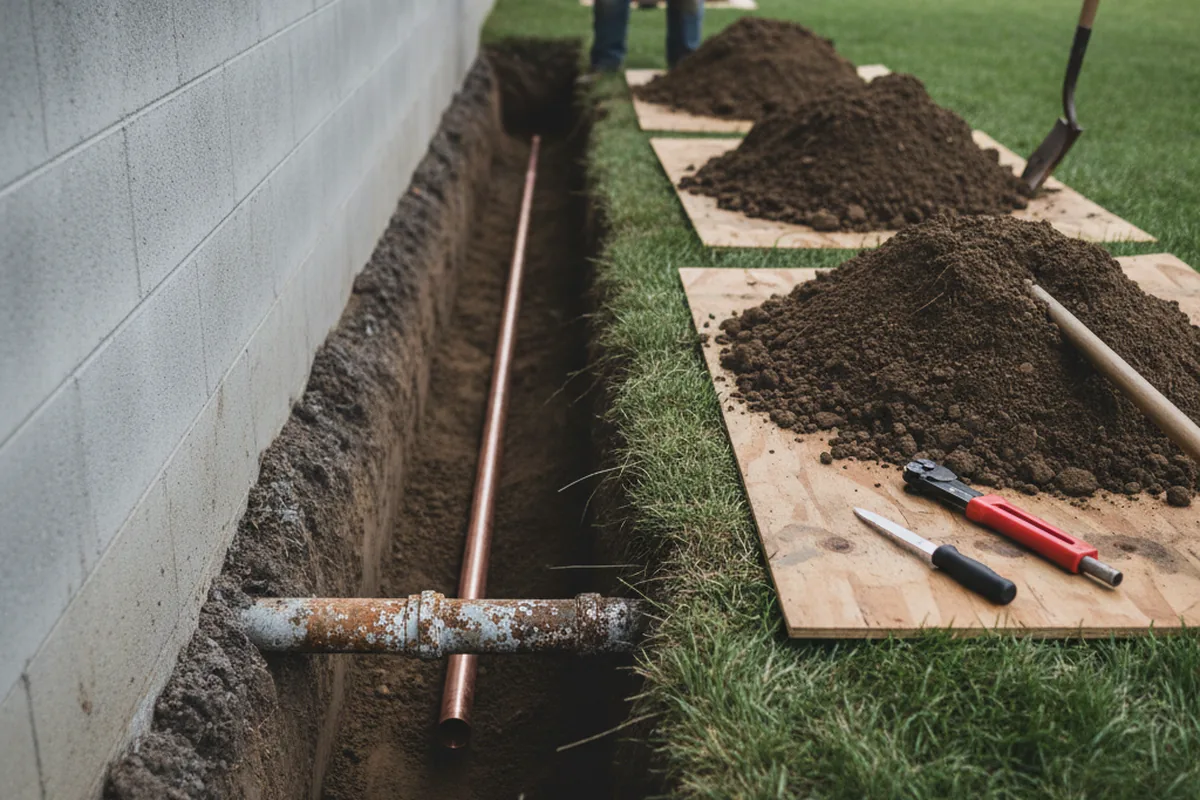 Excavated water line trench during Sewer Line Repair in Winters
